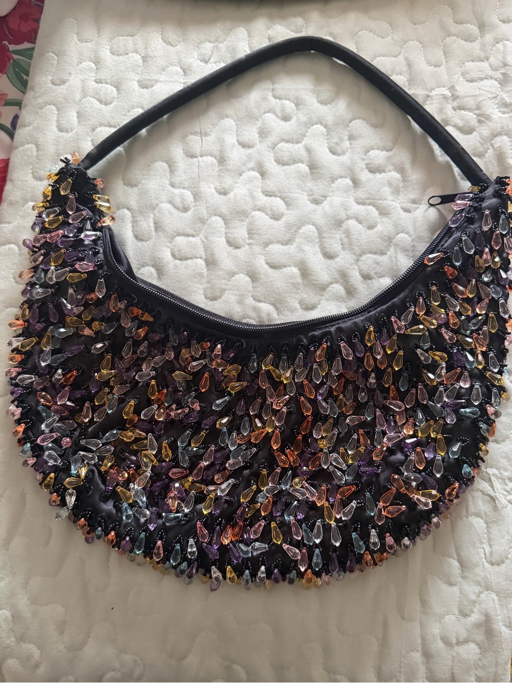 Beaded Multicolor Teardrop Hobo Bag - Black